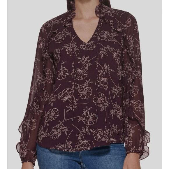 Calvin Klein Women's Purple Floral Ruffle Trim Long Sleeve Blouse Top Sz XL - Picture 1 of 10